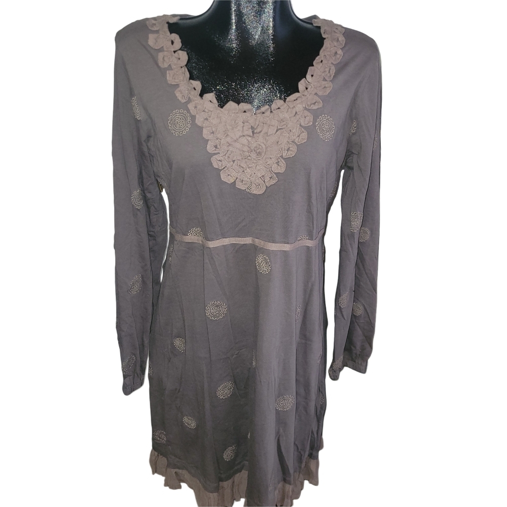 Cream Brand Long Sleeve Taupe Colored Dress with Ribbon Detailed Trim L